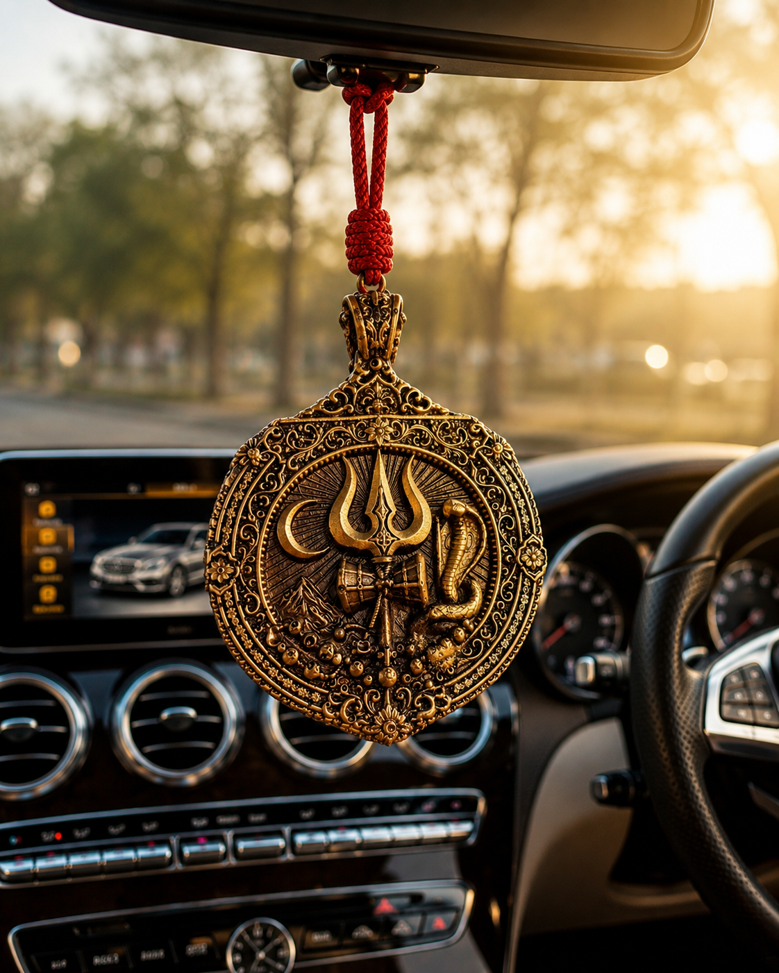 Mahadev Trishul Damru & Naag Antique Gold Car Hanging Pendant