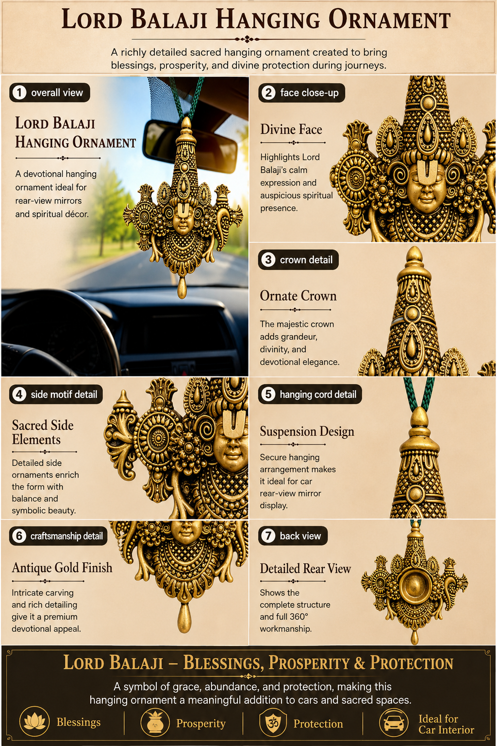 Lord Balaji hanging ornament with detailed views and features on a beige background