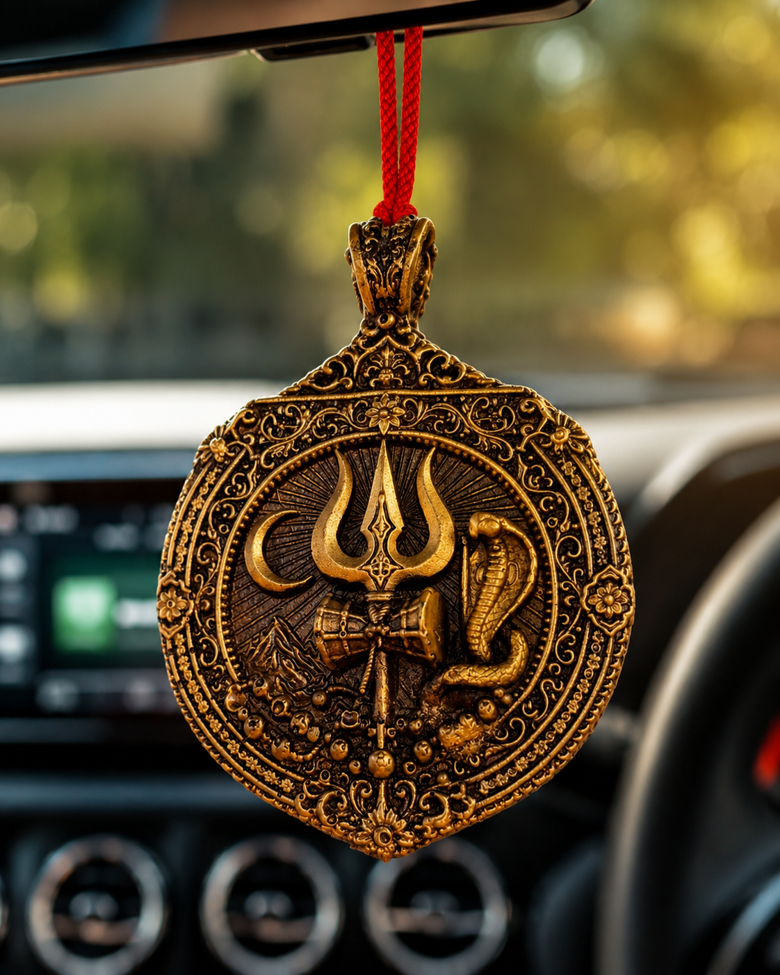 Mahadev Trishul Damru & Naag Antique Gold Car Hanging Pendant