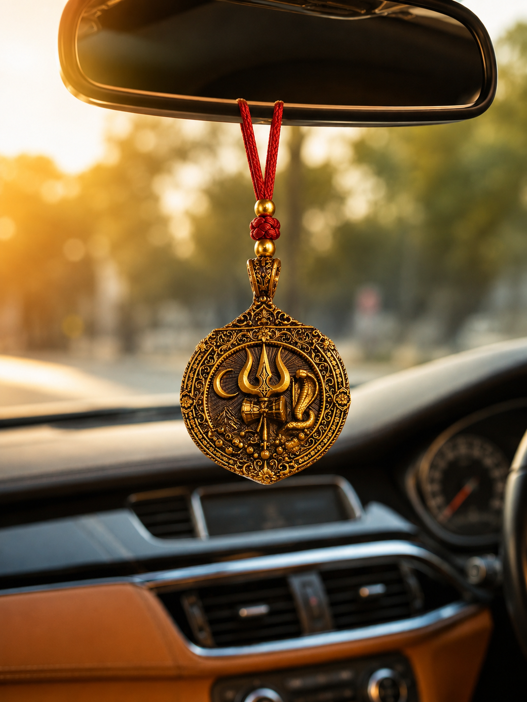 Mahadev Trishul Damru & Naag Antique Gold Car Hanging Pendant