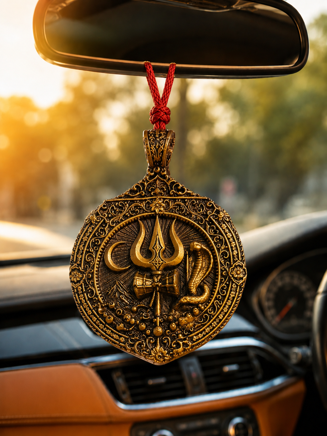Mahadev Trishul Damru & Naag Antique Gold Car Hanging Pendant