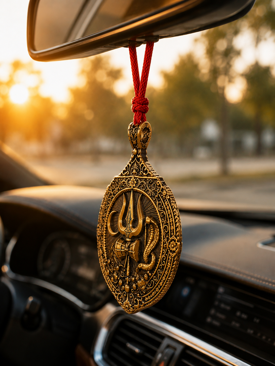 Mahadev Trishul Damru & Naag Antique Gold Car Hanging Pendant