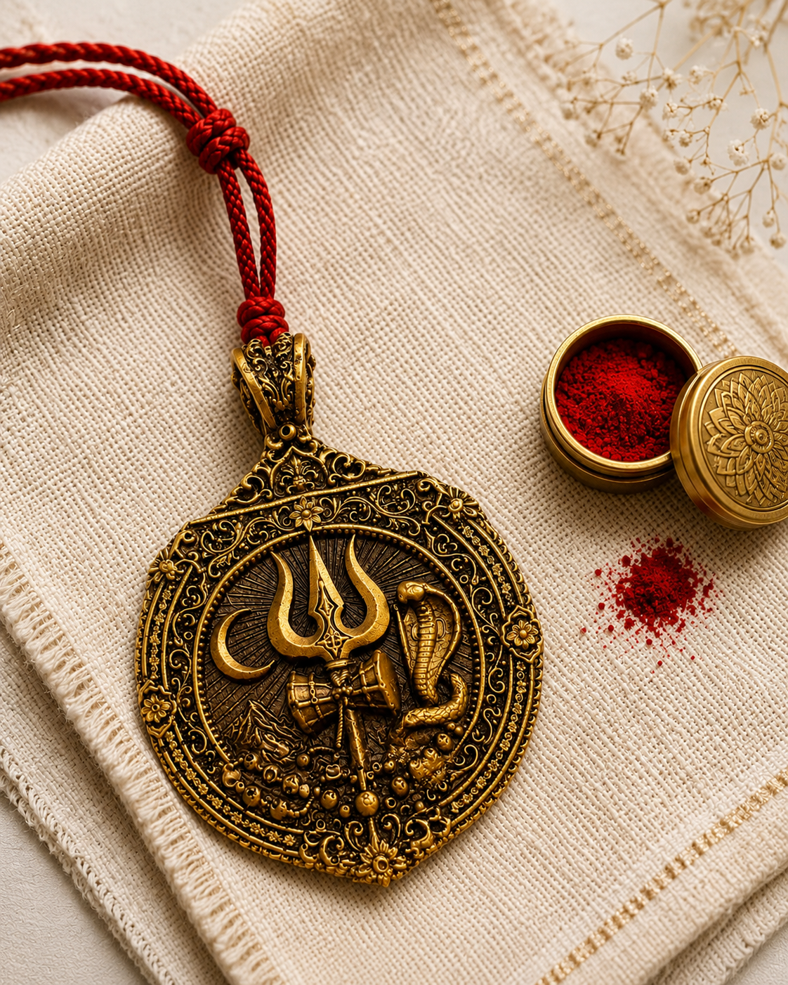 Mahadev Trishul Damru & Naag Antique Gold Car Hanging Pendant