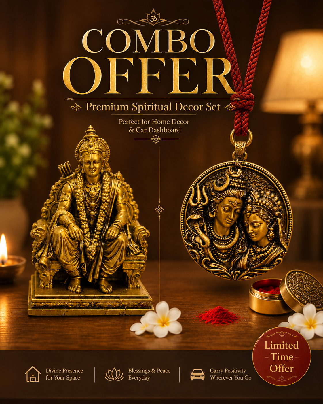 Divine Golden Combo Offer – Lord Ram Home Idol & Shiv-Parvati Car Hanging Pendant