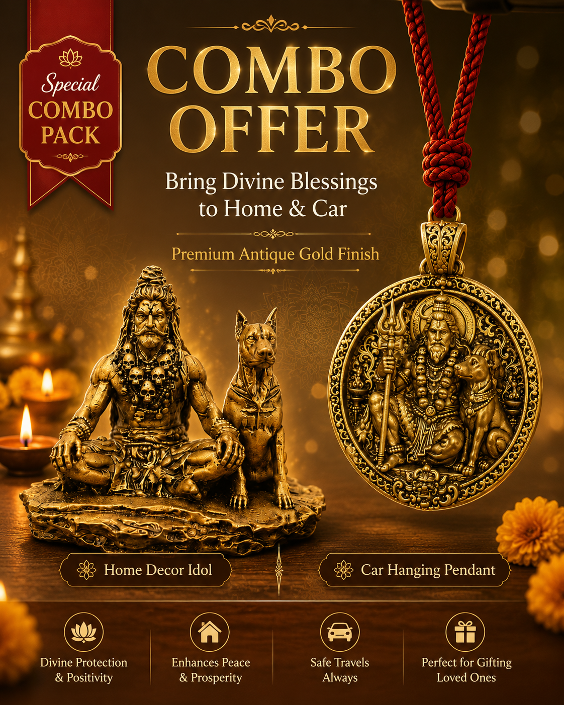 Kaal Bhairav Divine Protection Combo – Home Idol & Car Hanging Pendant