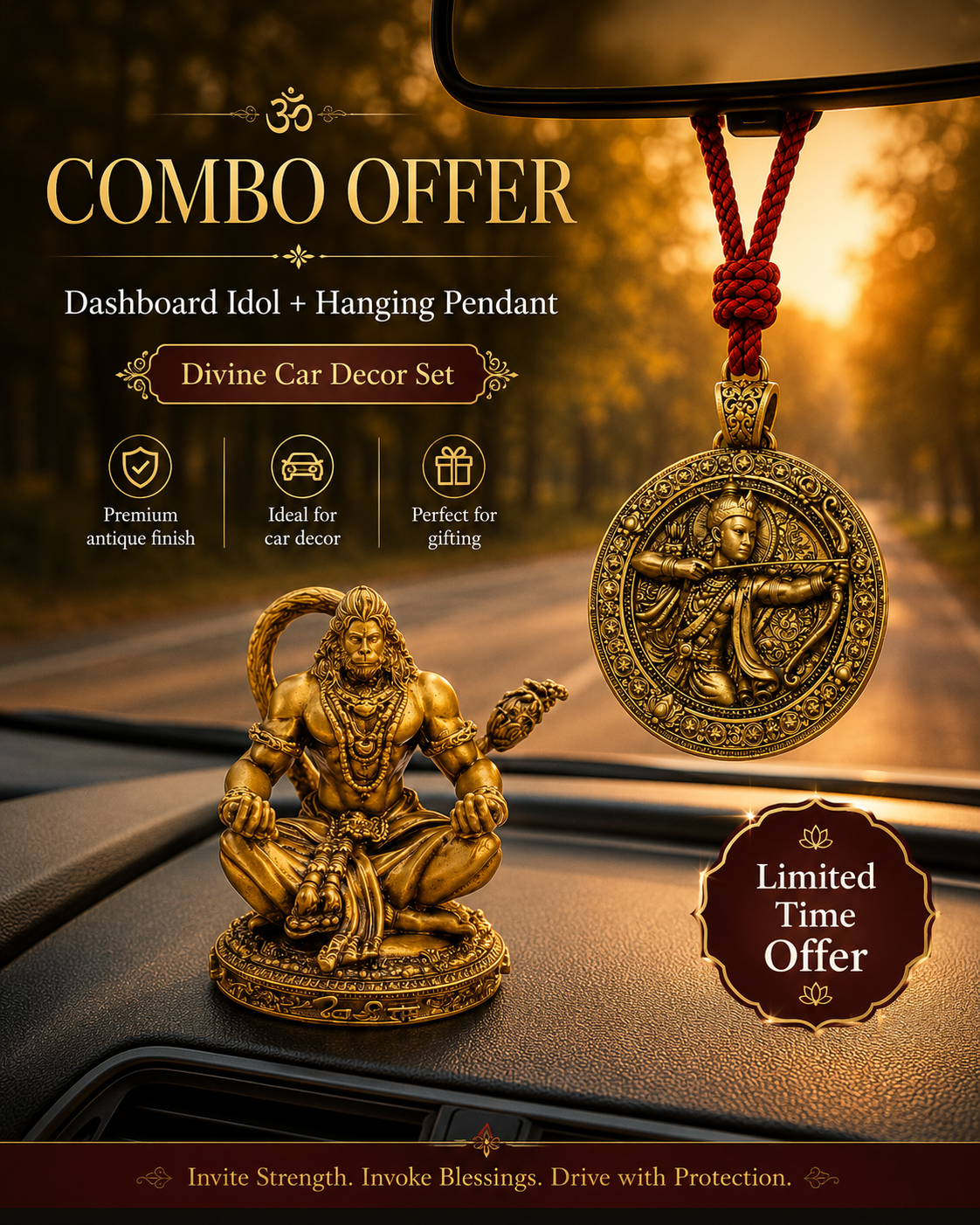 Divine Car Decor Combo – Hanuman Dashboard Idol & Shri Ram Hanging Pendant
