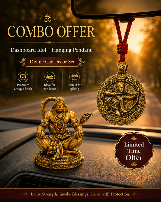 Divine Car Decor Combo – Hanuman Dashboard Idol & Shri Ram Hanging Pendant