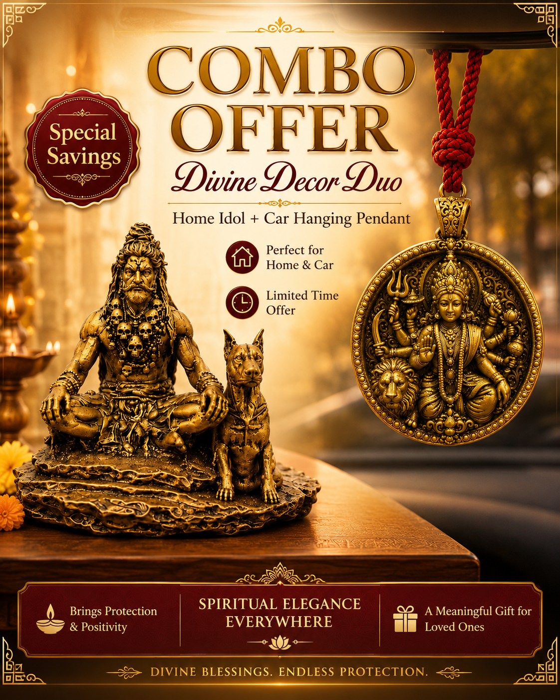 Combo Offer: Kaal Bhairav Home Idol & Durga Maa Car Hanging Pendant