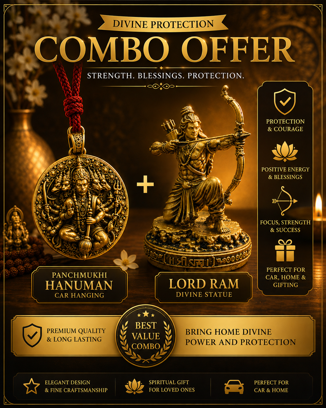 Divine Protection Combo – Panchmukhi Hanuman Car Hanging with Lord Ram Divine Statue