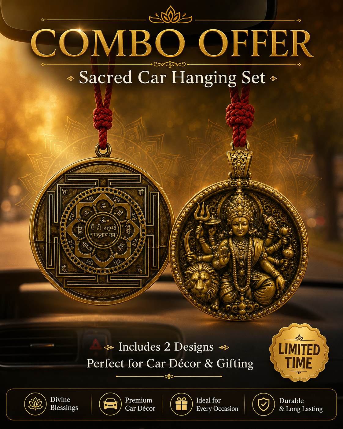 Sacred Car Hanging Combo Set – Hanuman Raksha Yantra & Maa Durga Car Pendant