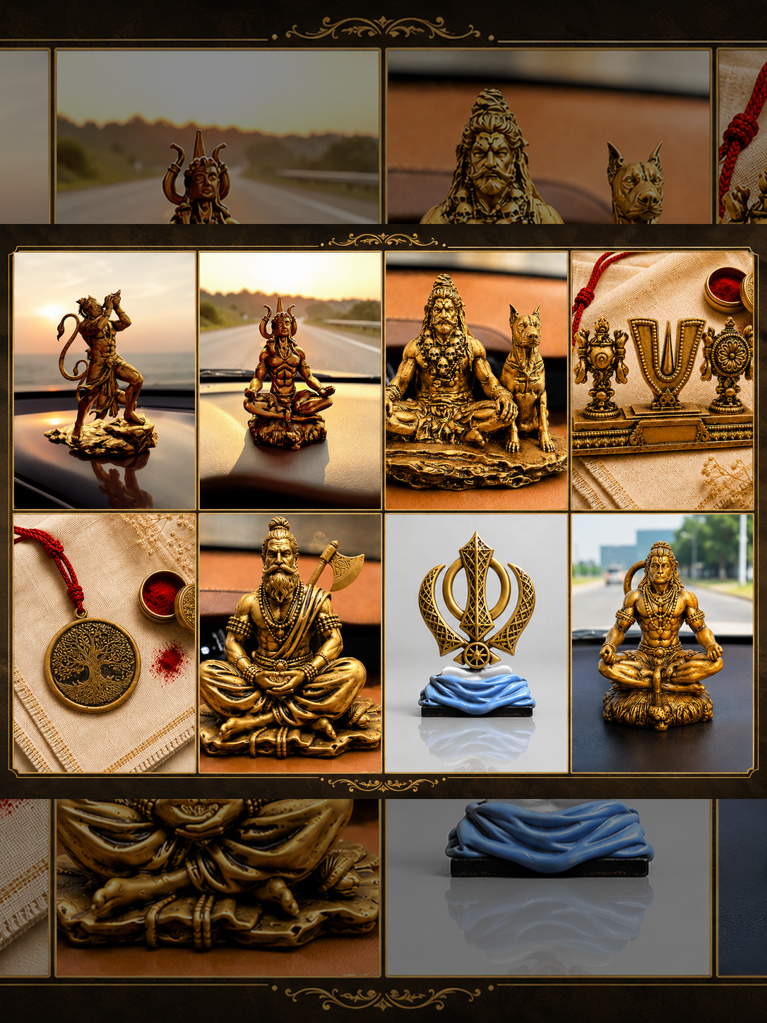Collage of various religious statues and symbols on a scenic background