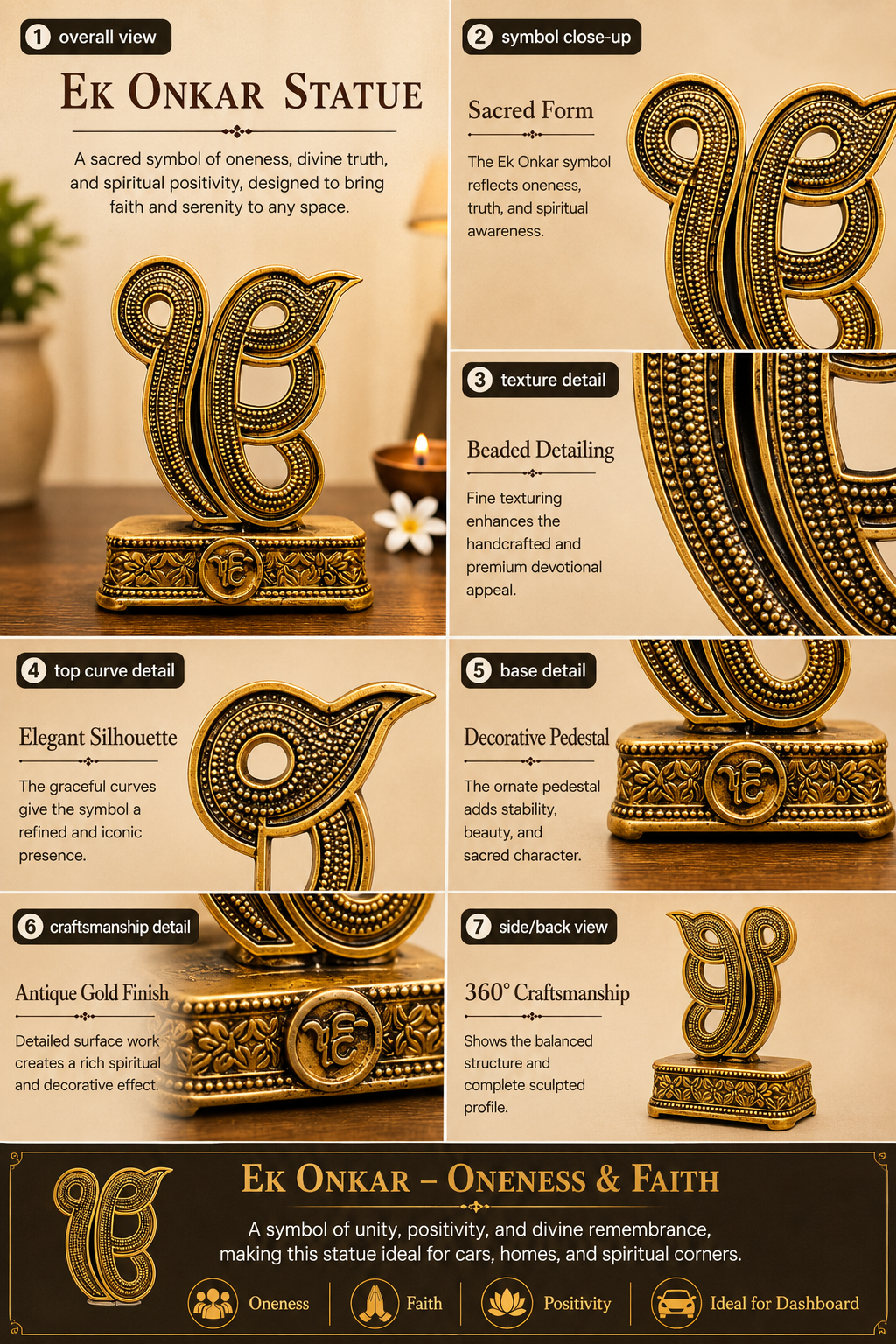 Detailed view of a gold Ek Onkar statue with text on its features for  car dashboard