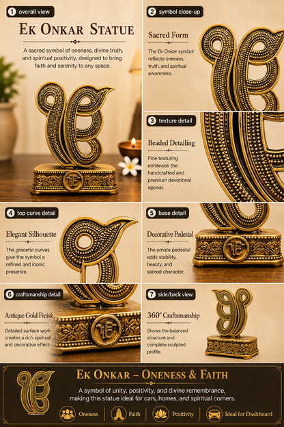 Detailed view of a gold Ek Onkar statue with text on its features for  car dashboard