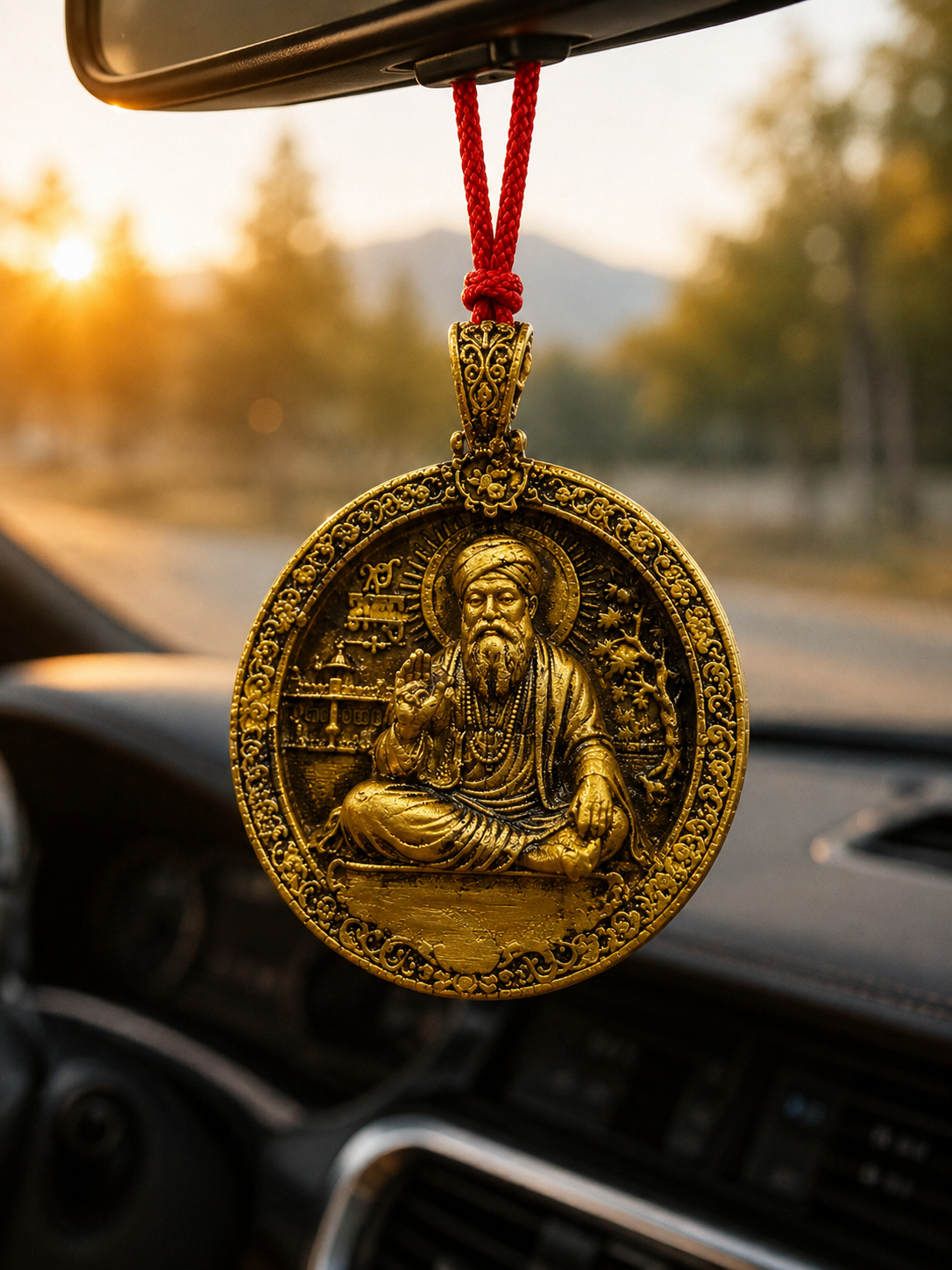 A round gold-toned pendant with an embossed seated figure, hanging from a red cord on a car dashboard with a blurred outdoor road scene in the background.