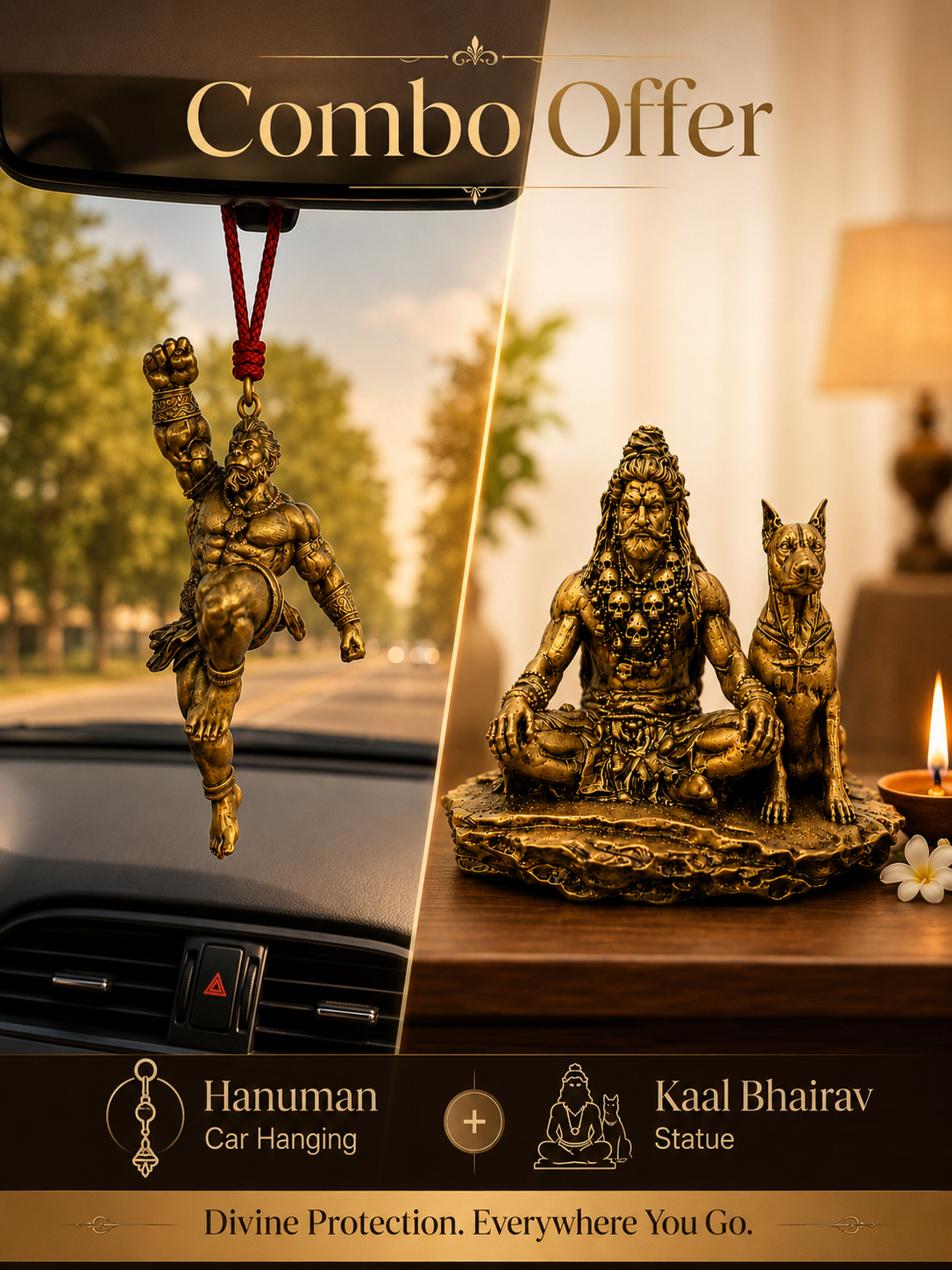 Combo offer for Hanuman car hanging and Kaal Bhairav statue with scenic background.