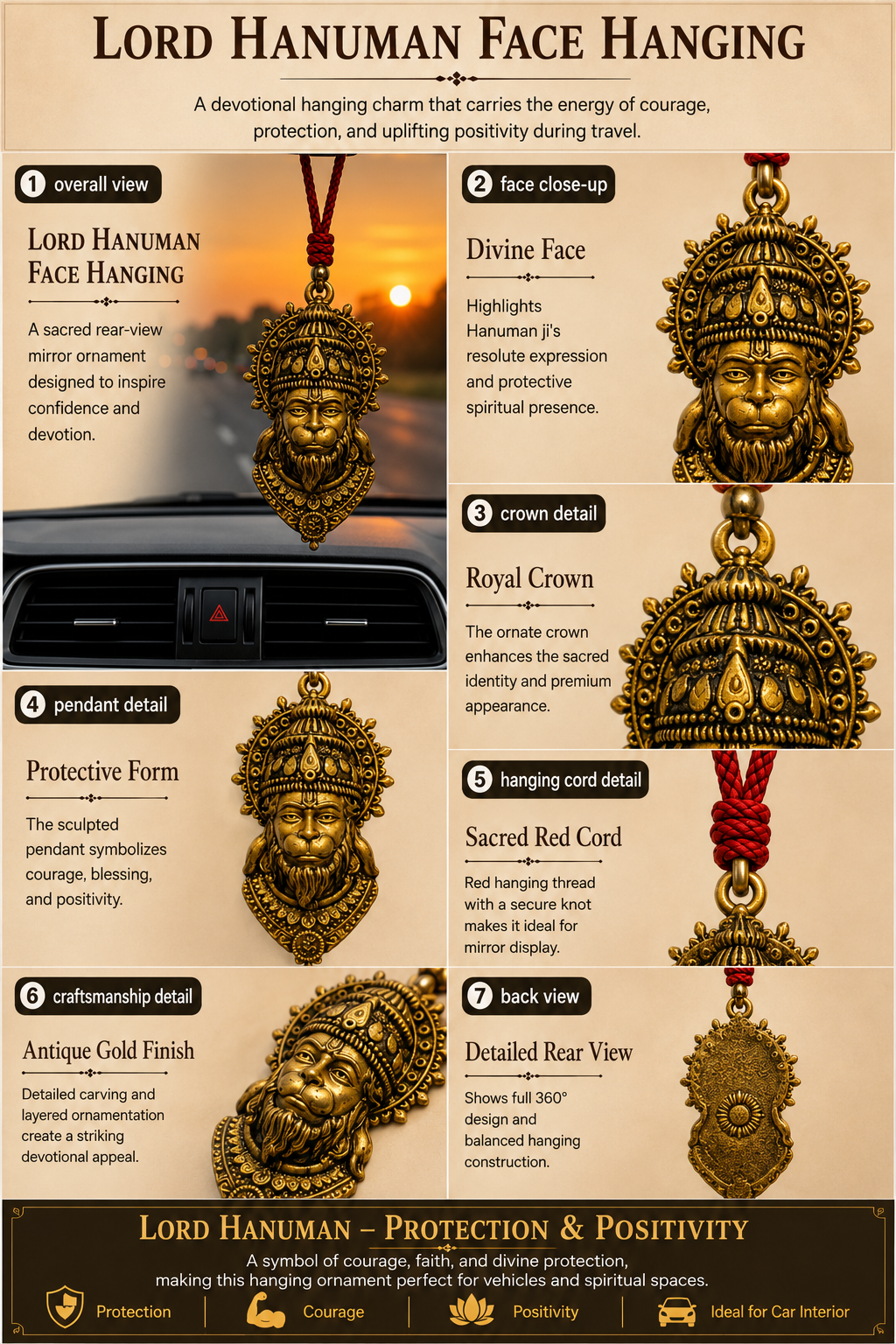 Lord Hanuman face hanging with detailed views and features on a beige background