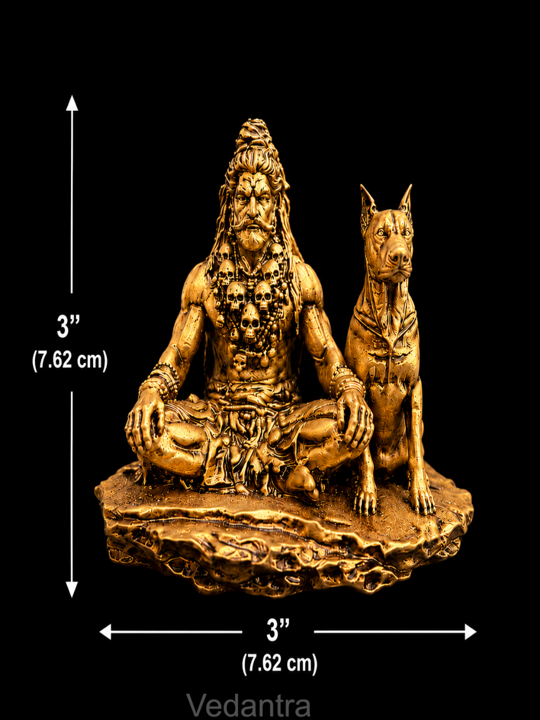 Bronze statue of a seated figure with a dog, showing dimensions on a black background.