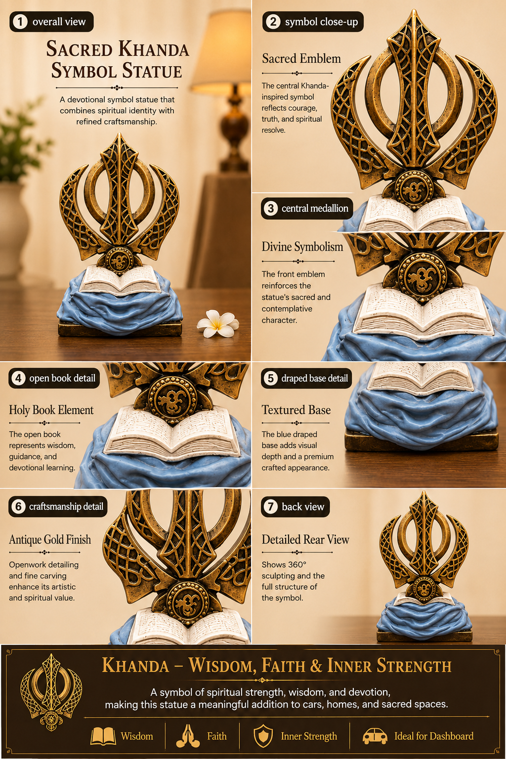 Detailed view of a Sacred Khanda Symbol Statue with text and images explaining its features.