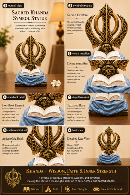 Detailed view of a Sacred Khanda Symbol Statue with text and images explaining its features.
