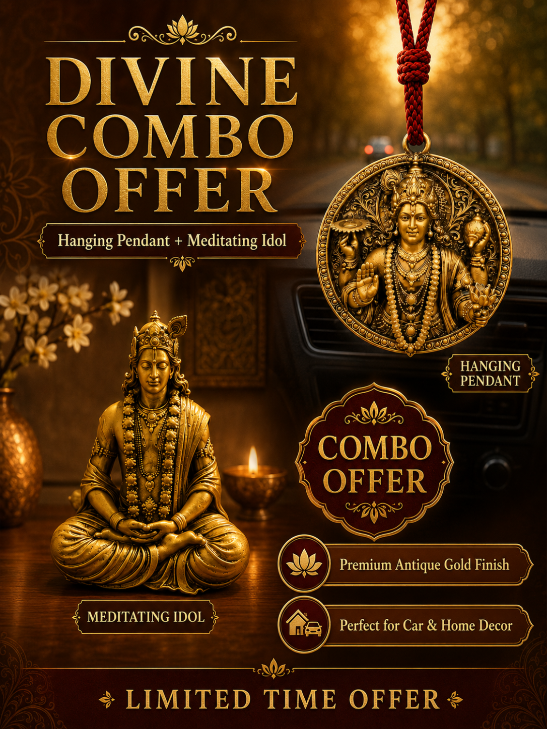 Promotional image of a meditating idol and hanging pendant with text about a divine combo offer.