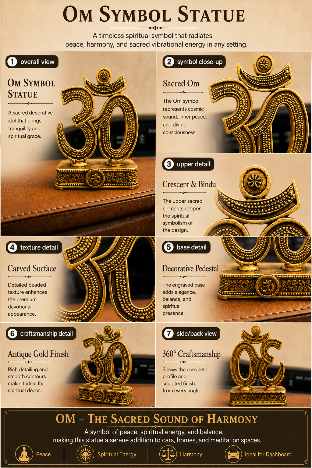 Gold Om symbol statue for car dashboard