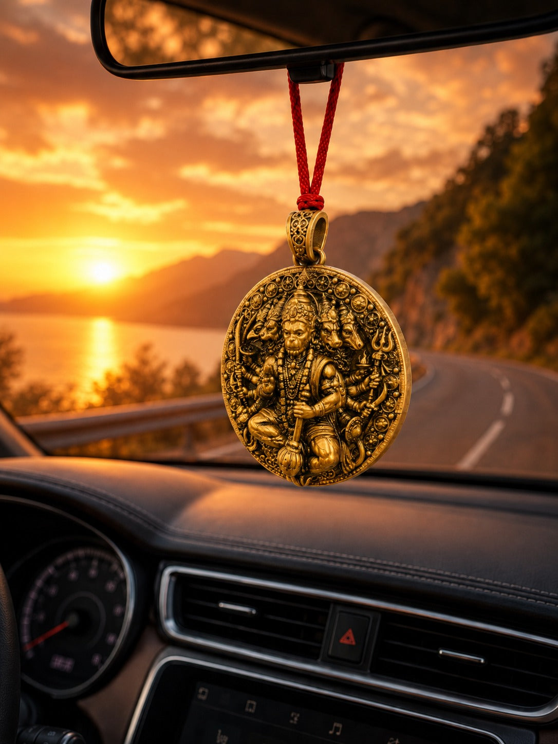 Gold pendant hanging from a car's rearview mirror with a scenic sunset in the background.