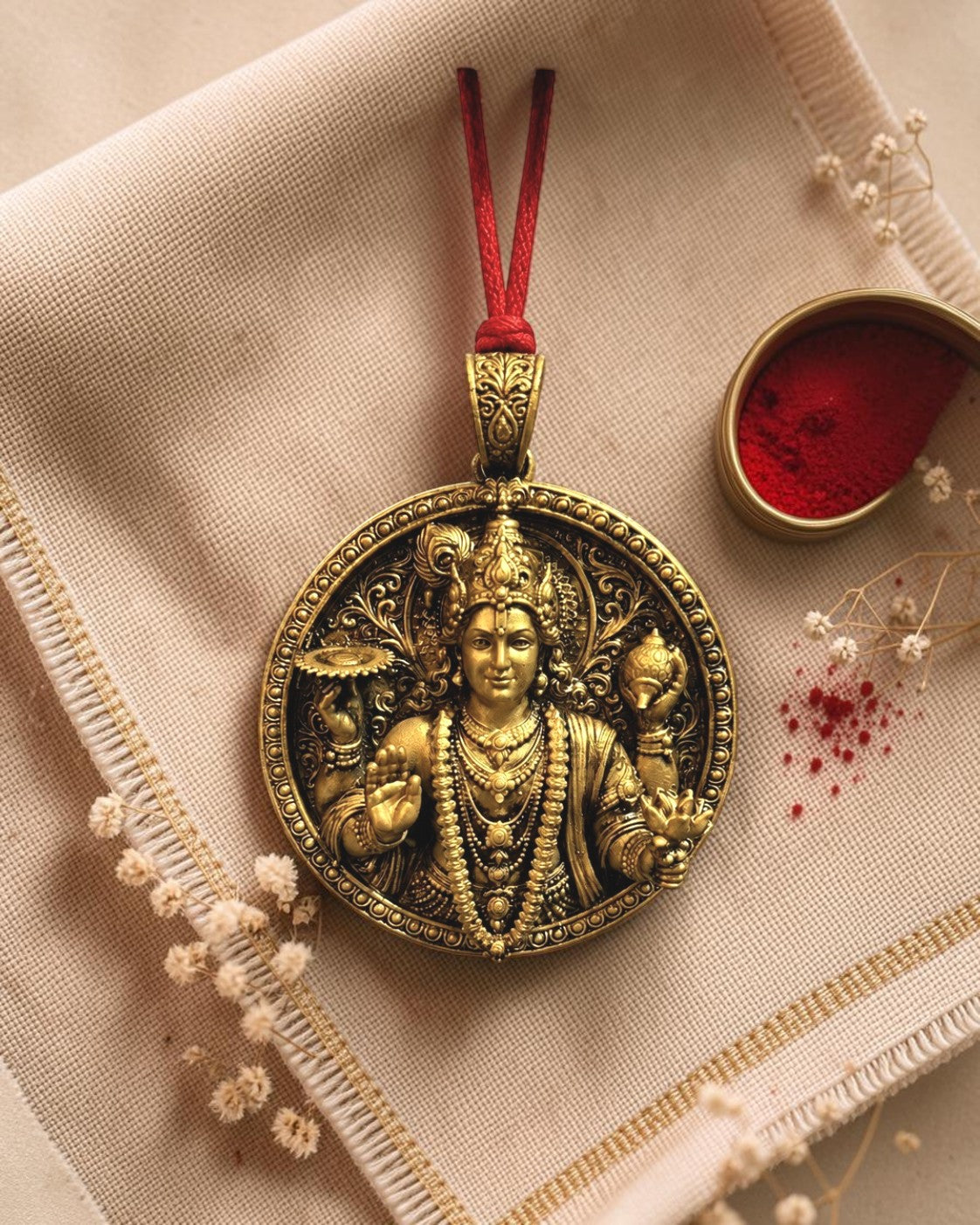 Divine Combo Offer – Lord Vishnu Hanging Pendant & Meditating Krishna Idol