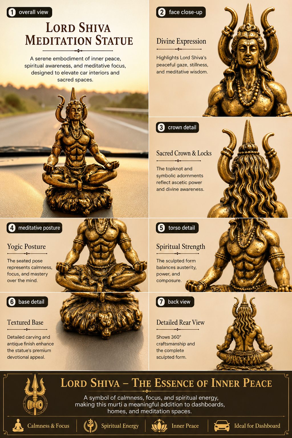 Lord Shiva meditation statue with detailed features and design elements fr car dashboard