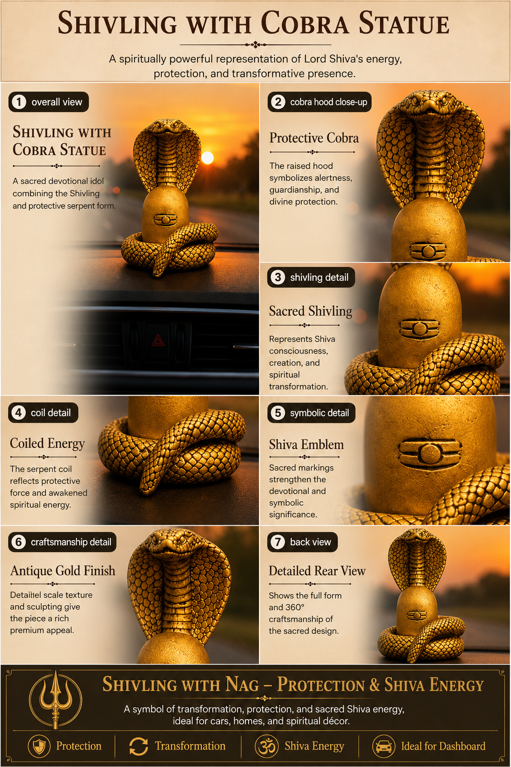 Detailed view of a Shivaling with Cobra Statue with various angles and features highlighted for car dashboard
