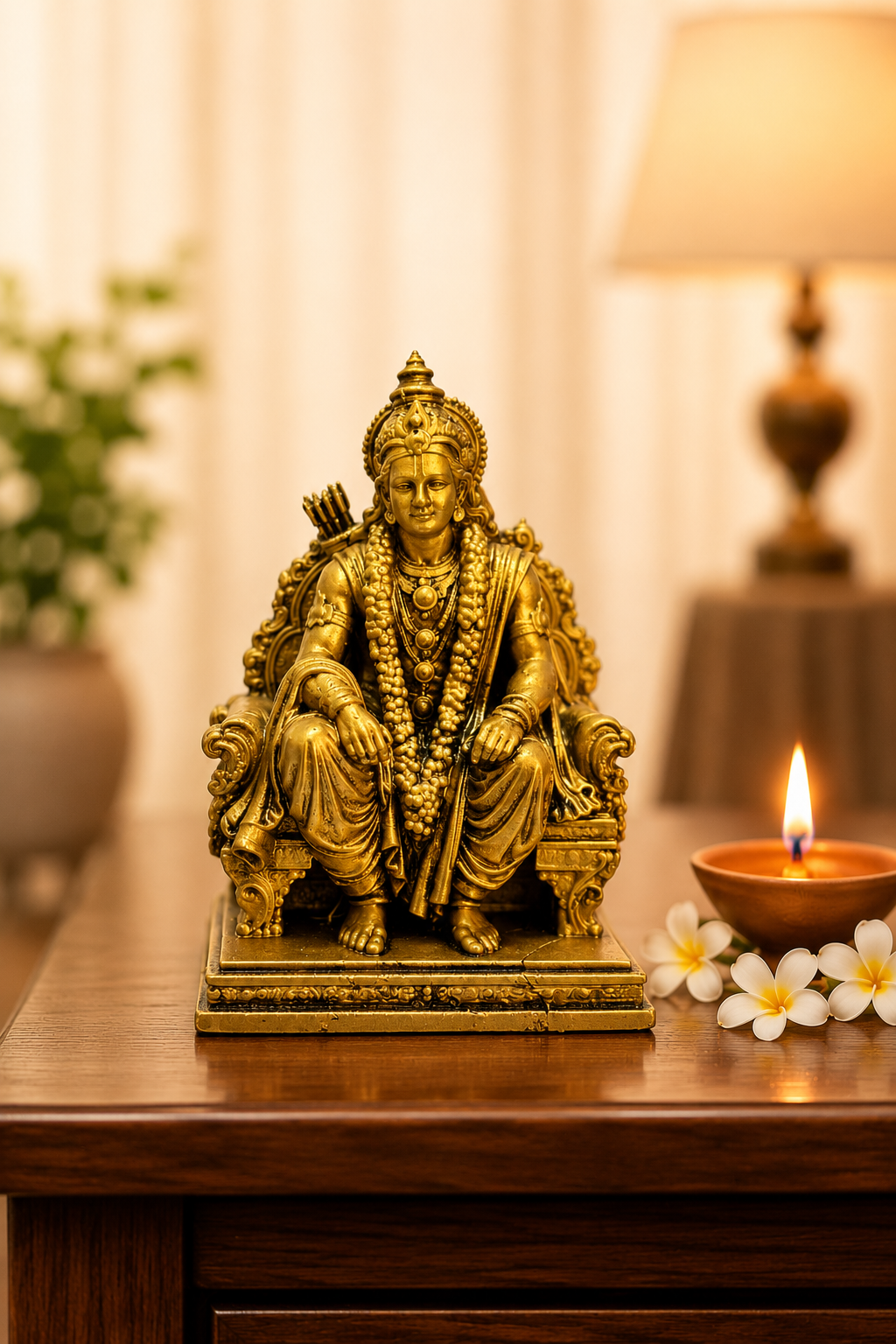 Gold-colored statue of a seated figure on a wooden table with flowers and a lit candle.