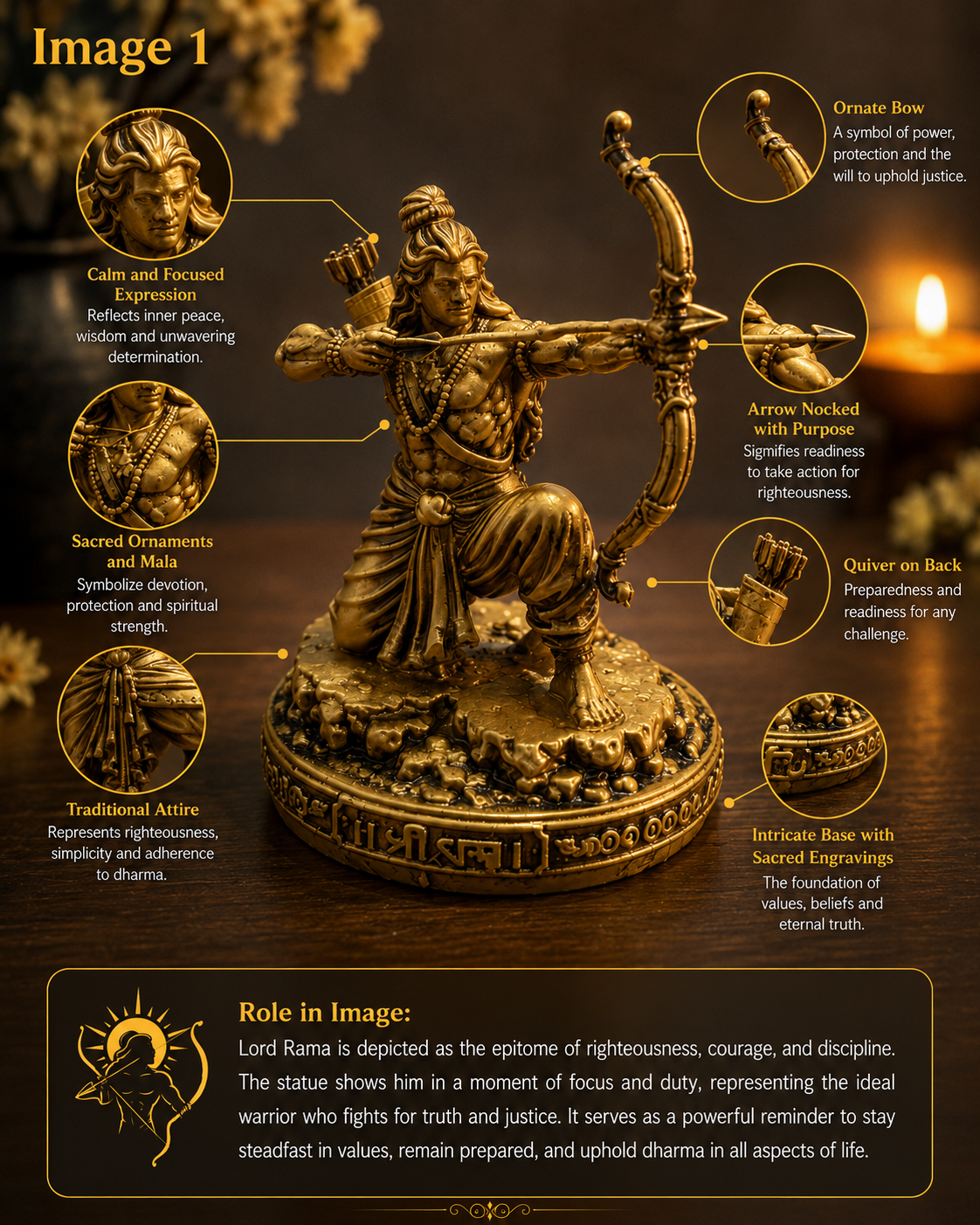 Bronze statue of Lord Rama with detailed features and explanations on a dark background