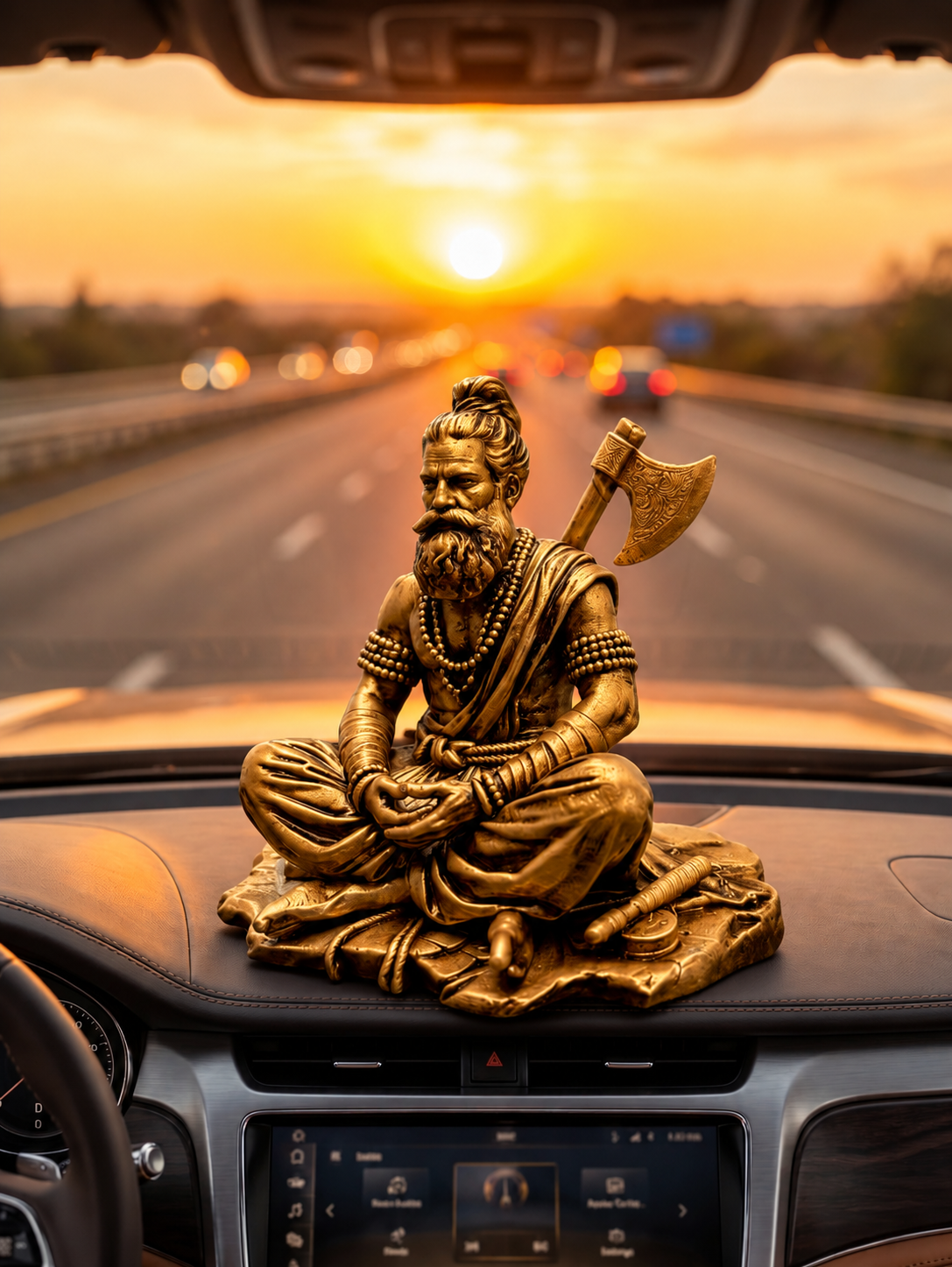 Statue of a bearded figure with an axe on a car dashboard during sunset.