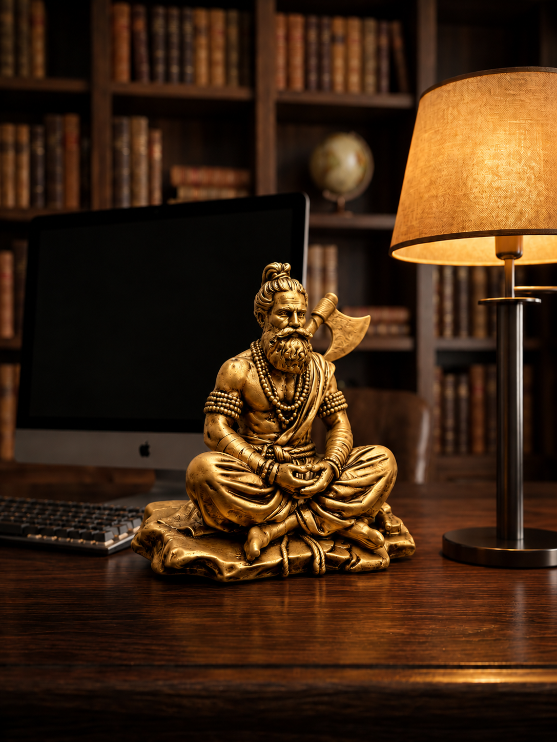 Gold statue of a seated figure on a desk with a lamp and computer in the background