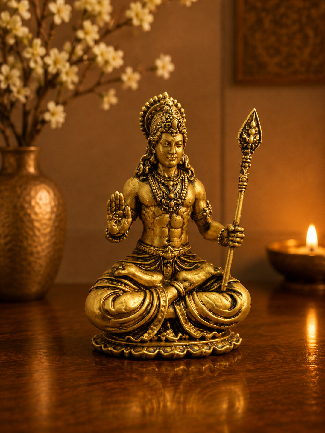 Bronze statue of a seated figure with a spear on a wooden surface, with a warm glow.