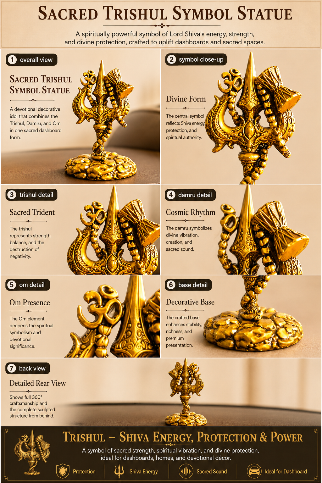 Detailed view of a gold Sacred Trishul Symbol Statue with labeled features on a beige background.