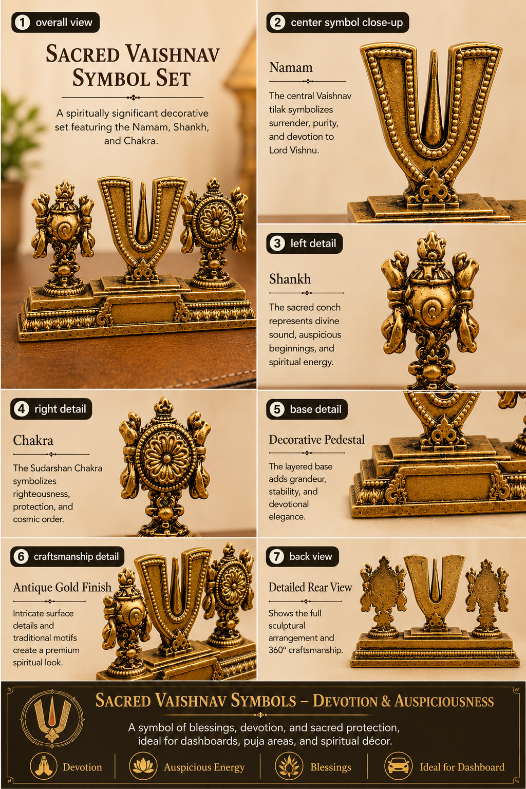 Detailed view of a Sacred Vaishnava Symbol Set with various angles and close-ups.
