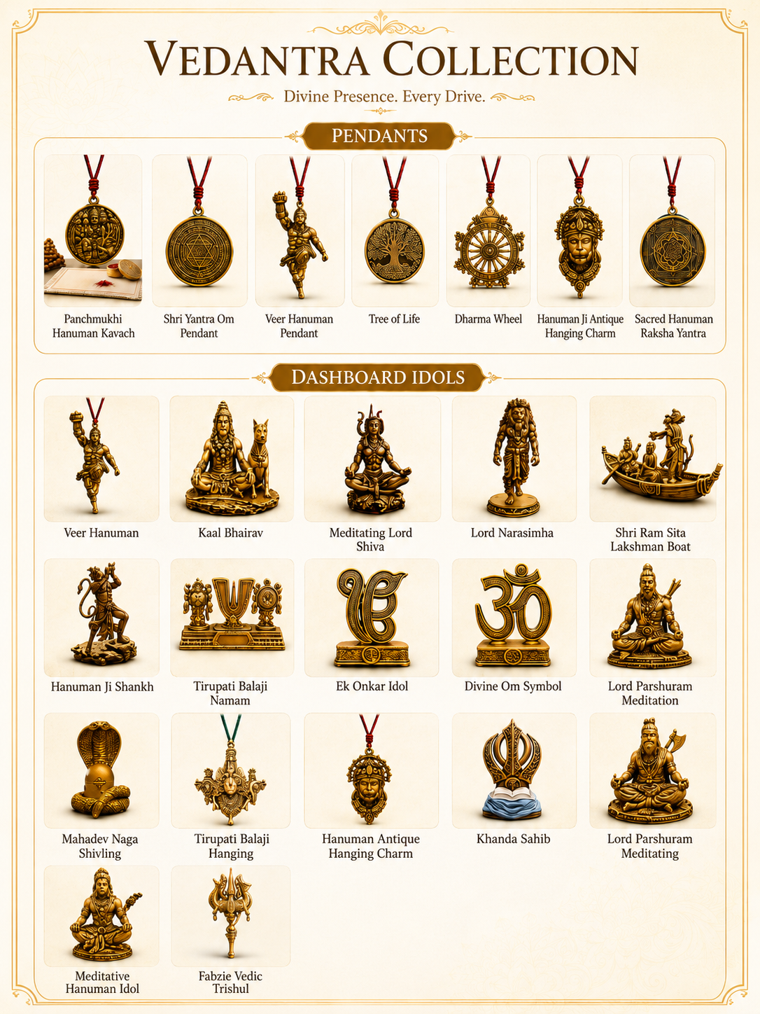 Vedantra Collection featuring pendants and dashboard idols on a beige background.