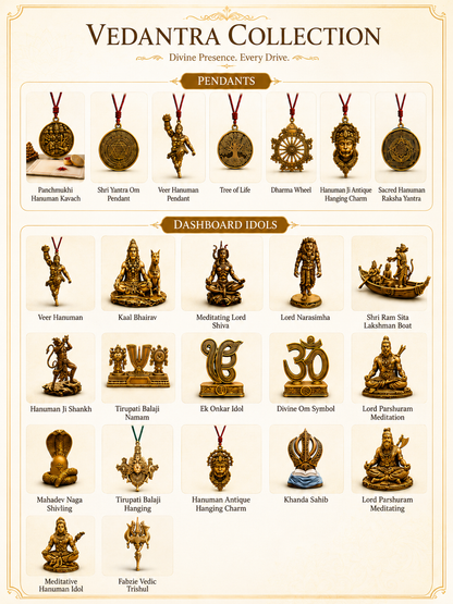 Vedantra Collection featuring pendants and dashboard idols on a beige background.