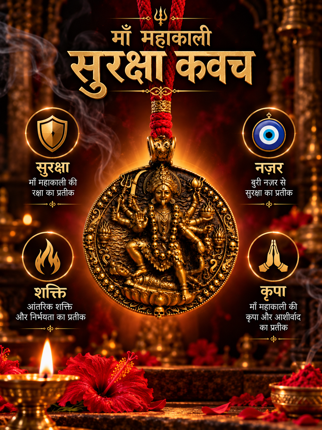 Maa Mahakali Suraksha Kavach featuring Shakti, courage, devotion and traditional Nazar symbolism