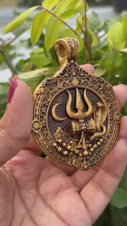 Mahadev Trishul Damru & Naag Antique Gold Car Hanging Pendant
